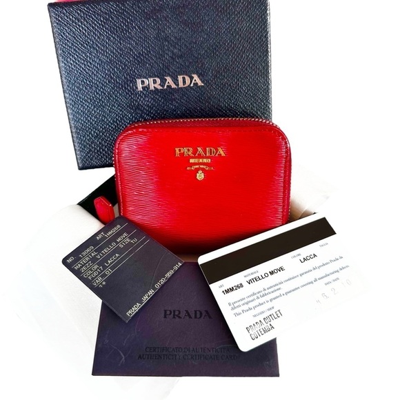 Authentic PRADA Cherry Red Saffiano Leather Card & Coin Holder with Box - Picture 13 of 16